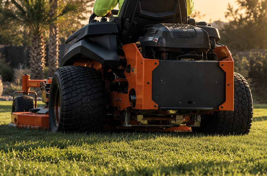 Zero-turn mower striping a residential lawn