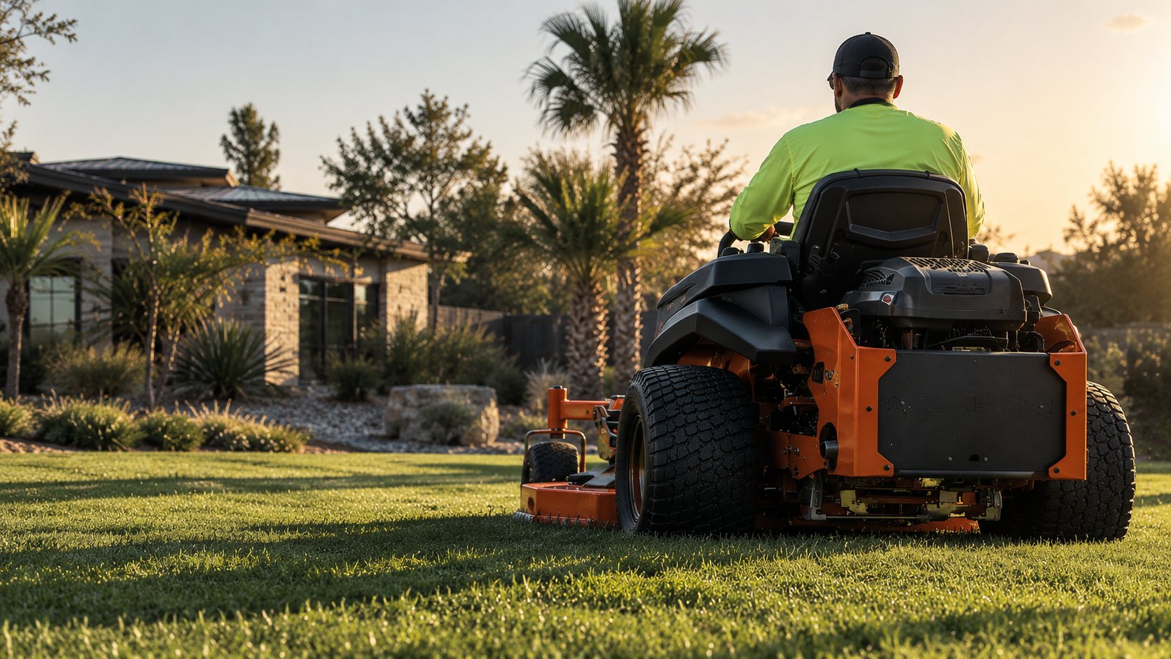 Smooth Lawn crew member mowing a lawn at sunset on a zero-turn mower