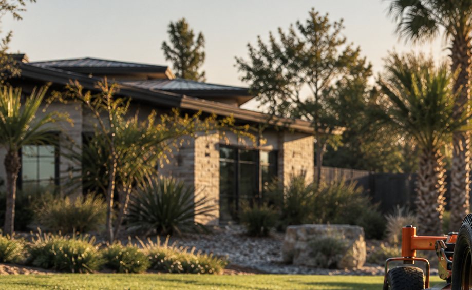 Stone home in New Braunfels with a freshly mowed front lawn and maintained landscape beds